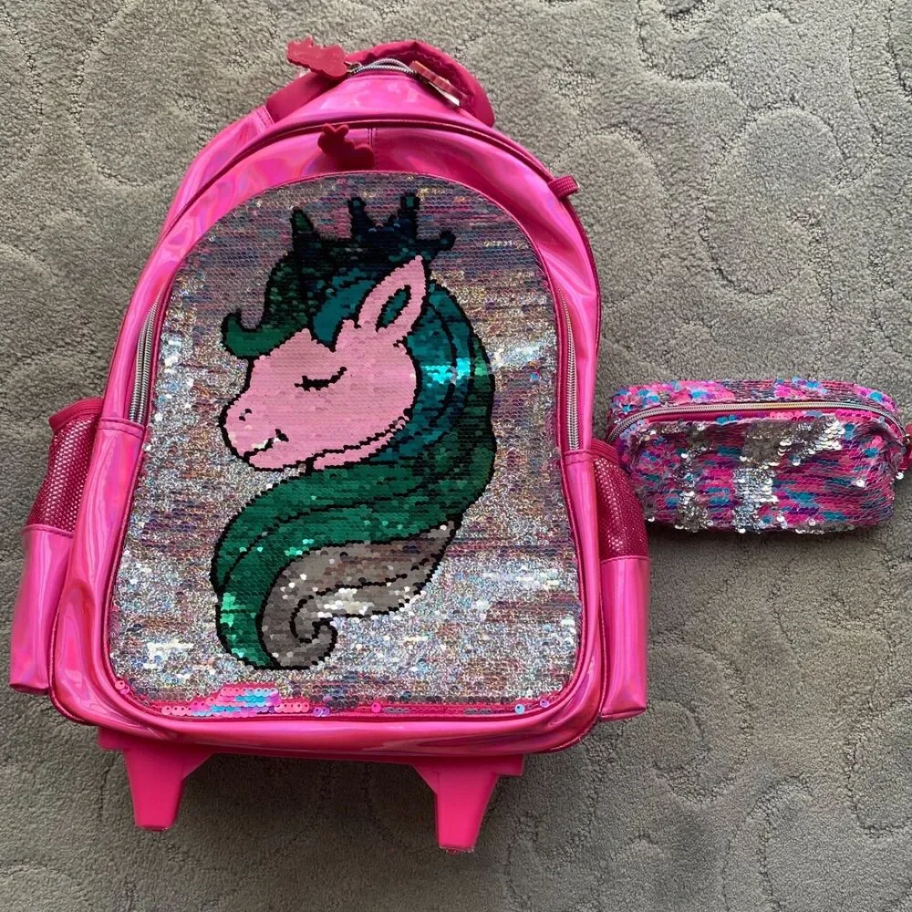 Jasminestar Rolling Backpack 17” girls unicorn flipable & lunchbox, Pencil Case